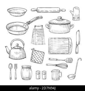 Sketch kitchen tools. Cooking utensils hand drawn kitchenware. Doodle chef equipment vector set. Illustration of kitchenware equipment for cooking Stock Vector