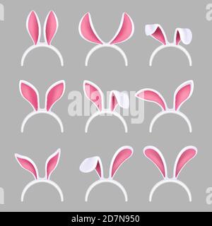 Bunny ears mask. Easter rabbit costume photo booth isolated vector collection. Illustration of easter rabbit ear, bunny headband Stock Vector