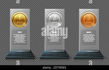 Gold silver and bronze medal trophy. Realistic crystal vector awards isolated on transparent background. Sport awards medals in glass illustration Stock Vector