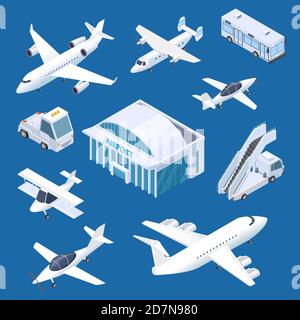 Isometric airport building, airplaines and transport at the airport vector set. Isometric airplane and airport building internationa illustration Stock Vector
