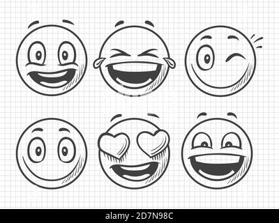 Hand drawn positive emojis, smile vector sketch. Illustration of emoji and emotion, smile expression face, emoticon sketch Stock Vector
