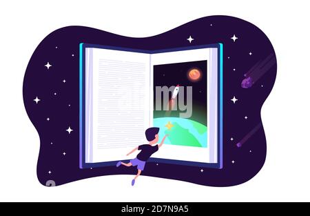Dream with book. Vector child dreams concept. Kids imagination with space travelling boy and earth and space shuttle rocket in night sky. Illustration of book imagination, fantasy in book, kids dream Stock Vector