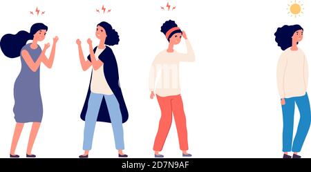 Negative business environment. Happy businesswoman running away and ignoring angry, sad coworkers. Vector concept running away from sad and negative illustration Stock Vector