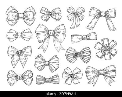 Hand drawn bow. Fashion tie bows accessories sketch doodles tied ribbons. Vintage isolated vector set. Scribble hand drawn classic, white black satin, bowtie silk illustration Stock Vector