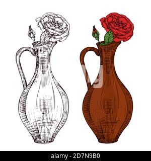 Sketch of wine jug with red roses vector illustration. Flower rose in vase, sketch drawing blossom Stock Vector