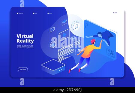 Virtual reality landing. People digital mobile entertainment augmented reality man headset virtual web interactive vector concept. Illustration of virtual reality cyberspace, entertainment video game Stock Vector