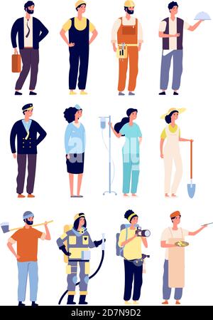 Professionals characters. policeman and fireman, doctor and stewardess, artist and musician, builder. labor Day vector characters. Illustration of doctor and photographer, builder and business man Stock Vector