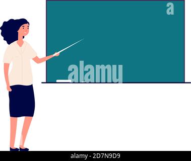 Woman teacher at blackboard. female tutor in classroom teaching students. School education vector concept. Illustration of woman teacher near blackboard, education and teaching Stock Vector