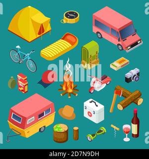 Tourist equipment, camping cars, snack and rest accessorises isometric vector collection. Campfire and backpack, sleeping bag for adventure illustration Stock Vector