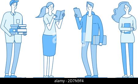 College students. Young boys and girls standing smiling with library books school teenagers studying persons flat line vector concept. Illustration of girl and boy education Stock Vector