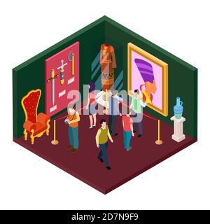 Museum exhibition hall with art objects isometric vector illustration. Isometric museum ancient, interior of exhibition historical Stock Vector