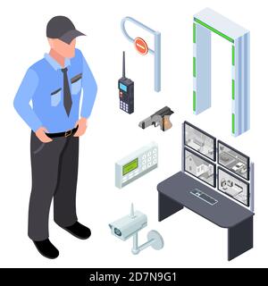 Inventory of police, security, checkpoint isometric vector set. Illustration of isometric security police control, device for monitoring Stock Vector