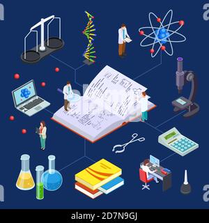 Science laboratory isometric. Vector chemical equipment for experimental lab and scientists. Illustration of lab research experiment, chemical laboratory Stock Vector