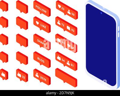 Love like isometric buttons. Instagram inspired follow icons likes button follower blogger website notify snapchat blog 3d vector set. Illustration of social communication, network button Stock Vector