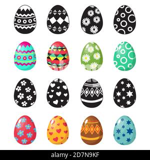 Colorful and black and white easter eggs icons vector set. Illustration of easter egg, holiday easter Stock Vector