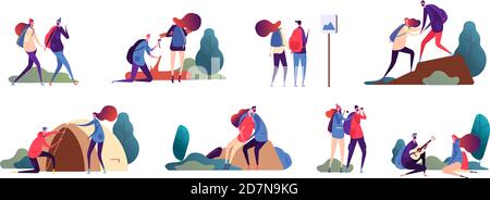 Couple hiking. Man and woman, romantic people hike. Happy couples in travel outdoor adventure and camping in nature. Vector characters woman and man hiking, tourism and trip illustration Stock Vector
