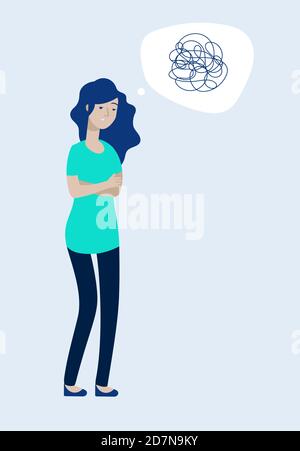 Depressed woman concept. Female feels depression, messy complicated mind, unhappy teen. Solitude grief stress anxiety headache vector. Illustration of unhappy and sad, depressed girl, person sadness Stock Vector