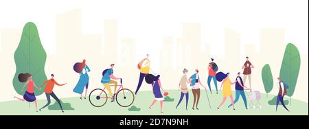 People walk in the city park vector illustration. Park city with, people, summer walking and ride by bicycle Stock Vector