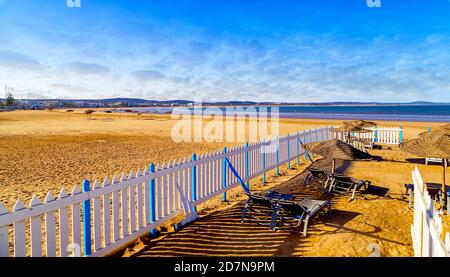 Fence on the deserted beach. Essaouira,Morocco. Stock Photo