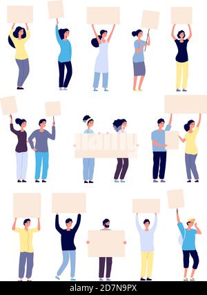 People with placards. Protesters holding blank banners, protesting persons activists with empty signs vector isolated characters. Activist banners protest meeting, demonstration board illustration Stock Vector
