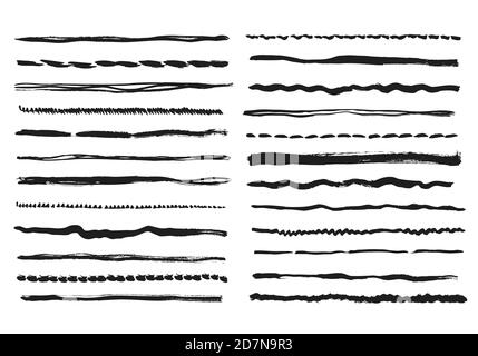 Pencil lines. Texture doodle freehand line strokes chalk scribble black line sketch grunge borders handmade vector dividers isolated. Brush grunge texture, black freehand stroke illustration Stock Vector