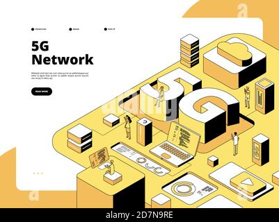 5g concept. Wifi broadcasting 5g technology, speed internet in smartphone. Global network hotspot isometric vector landing page. 5g network generation, connection and telecommunication illustration Stock Vector