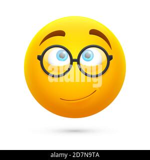Cartoon yellow 3d smiley face. Cute geek vector emoji isolated on white background. Illustration of geek and nerd emoji expression Stock Vector