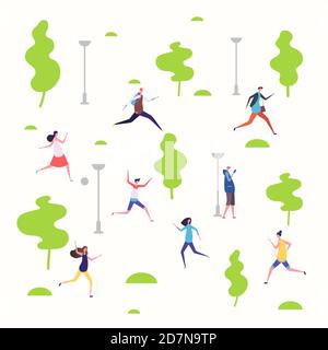 Active people in the spring park, walking and running people vector illustration. Park spring outdoor, run sport, runner and jogging Stock Vector