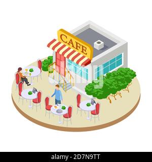 Cute summer street small cafe with outside tables isometric vector illustration. Cafe street, outdoor urban public restaurant Stock Vector