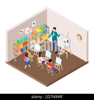 Kids art studio vector illustration. Isometric classroom for drawing lesson with easel, students, teacher. Studio art drawing, paint picture by painter Stock Vector