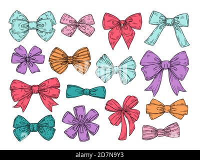 Color bows. Sketch fashion tie bow accessories hand drawn doodles tied ribbons. Retro isolated vector set. Illustration of tie bow, colored ribbon accessory to birthday and holiday Stock Vector