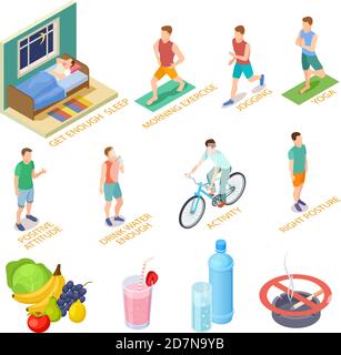 Healthy lifestyle isometric concept. Regular exercises, medical checking diet nutrition. Good habits sport activities vector elements. Isometric sport and health nutrition, activity man illustration Stock Vector