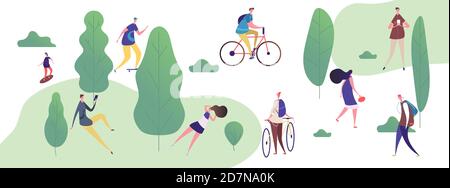 People walk and relax in the park, outdoor activities vector illustration. People walk and activity in park, sport and bike Stock Vector