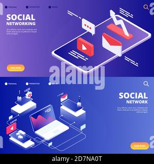 Social network and networking vector landing pages. Illustration of mobile social network Stock Vector