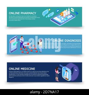 Online medicine services banners vector template with isometric concept. Illustration of medicine service online Stock Vector