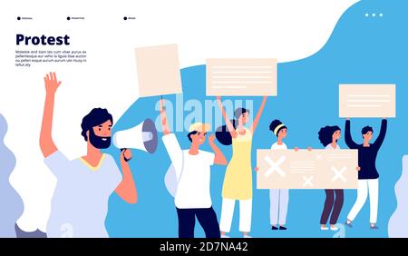 Protest landing. Human rights, people with placards, protesting activists with loudspeakers. Working strike vector web page. Illustration of web page, activist with placard, right protesting Stock Vector