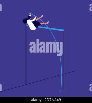 Woman jumping up. businesswoman overcomes career obstacle. progressive workflow risk investition. female human resource vector concept. Illustration of woman career, businesswoman overcome obstacle Stock Vector
