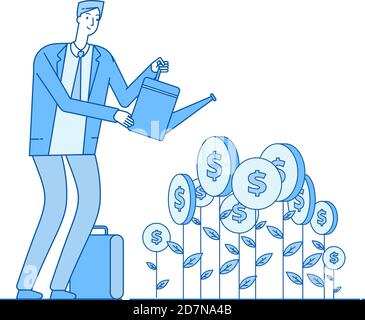 Finance return on investment. Happy investor grows easy money investments. Business opportunity finance dividends vector concept. Illustration of investment growth, profit money Stock Vector