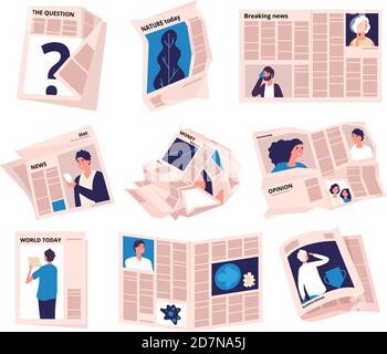 Periods newspapers. Modern tabloid news publication, newspaper bundle rumpled paper sheets. Business press journal isolated vector set. Tabloid page, publication daily newspaper illustration Stock Vector