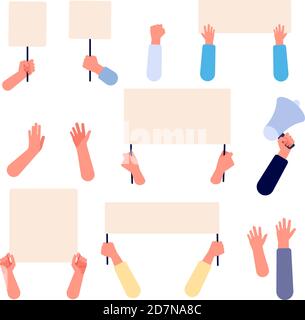 Hands with blank placard. People holding protests banners, activists protesters manifestation empty signs. Flat vector isolated set. Illustration of placard blank, protest demonstration Stock Vector