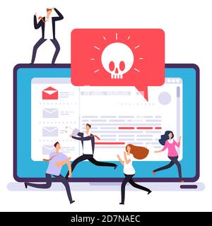 Laptop virus alert, hacker attack. Office panic due to hacker attack on computer vector illustration. Alert virus, malware and phishing crime Stock Vector