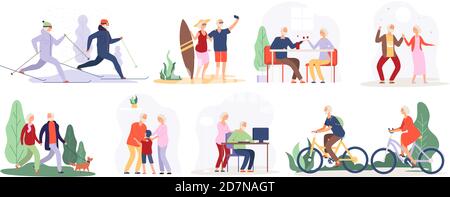 Elderly people. Senior grandfather grandmother couple sport tourist granny elderly people walking running cycling dancing vector set. Active lifestyle cycling and running illustration Stock Vector