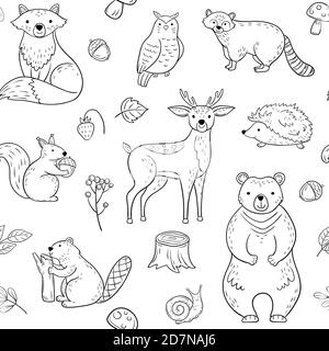 Forest animals seamless pattern. Fox Owl Raccoon Beaver Bear Hedgehog Squirrel Fox. Woodland baby animal vector wallpaper. Squirrel and bear, woodland repeat background illustration Stock Vector