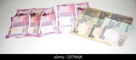Indian paper currency notes or money on isolate white background. new Indian rupees Stock Photo