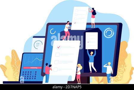 Online voting. People vote with government electronic computer systems, internet ballot election registration vector background. Digital election choice, government campaign illustration Stock Vector