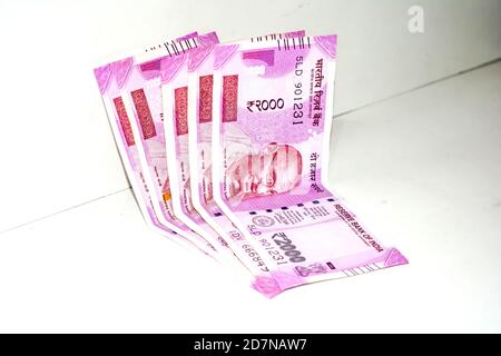 Indian paper currency notes or money on isolate white background. new Indian rupees Stock Photo