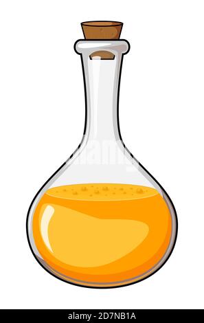 Elixir in glass bottle. Orange magic potion illustration isolated on white. Flask with chemical substance with bubble. Medicine or chemistry vector ic Stock Vector