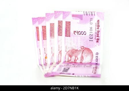 Indian paper currency notes or money on isolate white background. new Indian rupees Stock Photo