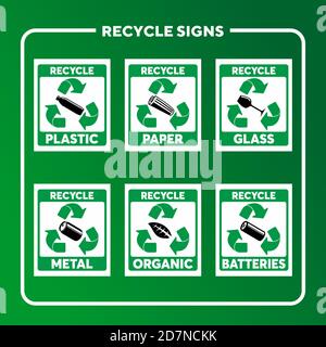 Waste separation and recycling signs for plastic, paper, glass, metal, organic waste and batteries Stock Vector