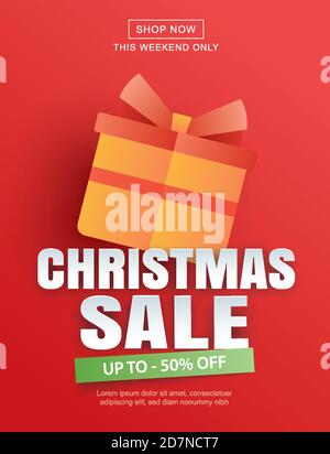 Christmas sale with gift box on red background in paper art style. Stock Vector